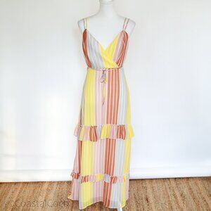June & Hudson Sunset Stripe L Maxi Sun Dress Boho Ruffle Lightweight Flowy
